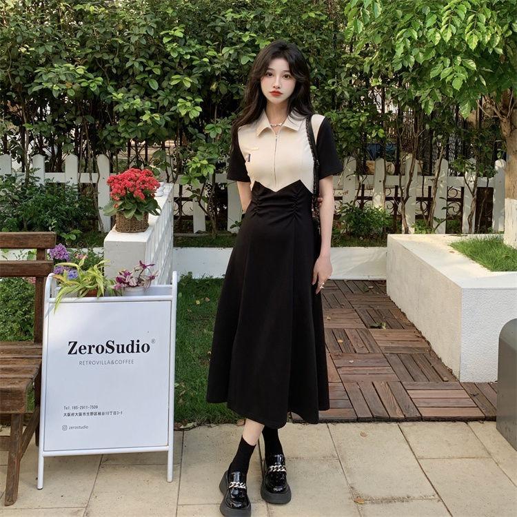 Contrasting Color Design Split-ended Dress Women's Spring and Summer Korean Version of the New POLO Collar Waist Thin Short-sleeved Skirt