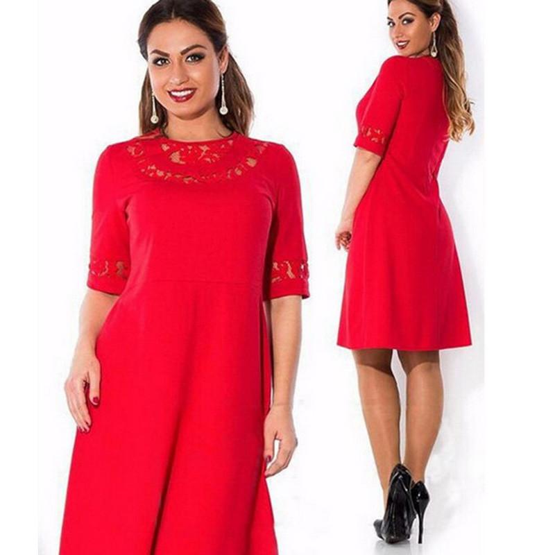 Women Round Collar Plus Size Pure Color Dress With Comfortable Cotton Blend Fabric