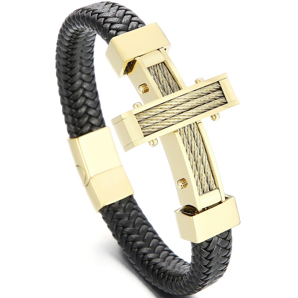 

Плетеный кожаный браслет ручной работы для мужчин, мужские браслеты-кресты из нержавеющей стали с магнитной застежкой, украшения на день рождения 22CM золотой