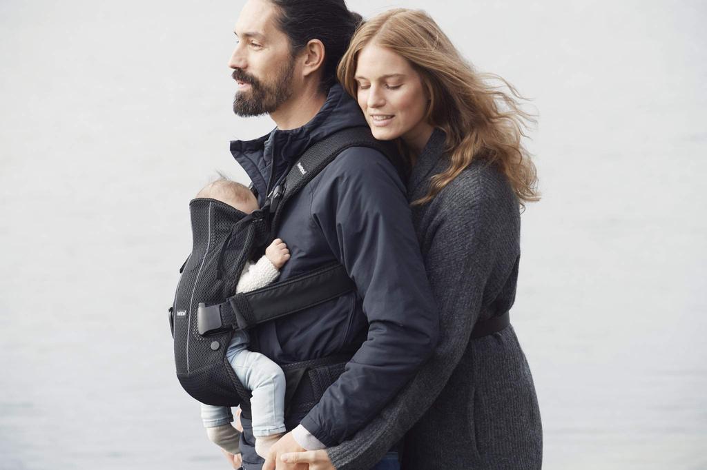 BabyBjörn ONE KAI Air Baby Carrier, suitable for babies 0-36 months, made with breathable mesh material, black, 4-way design.