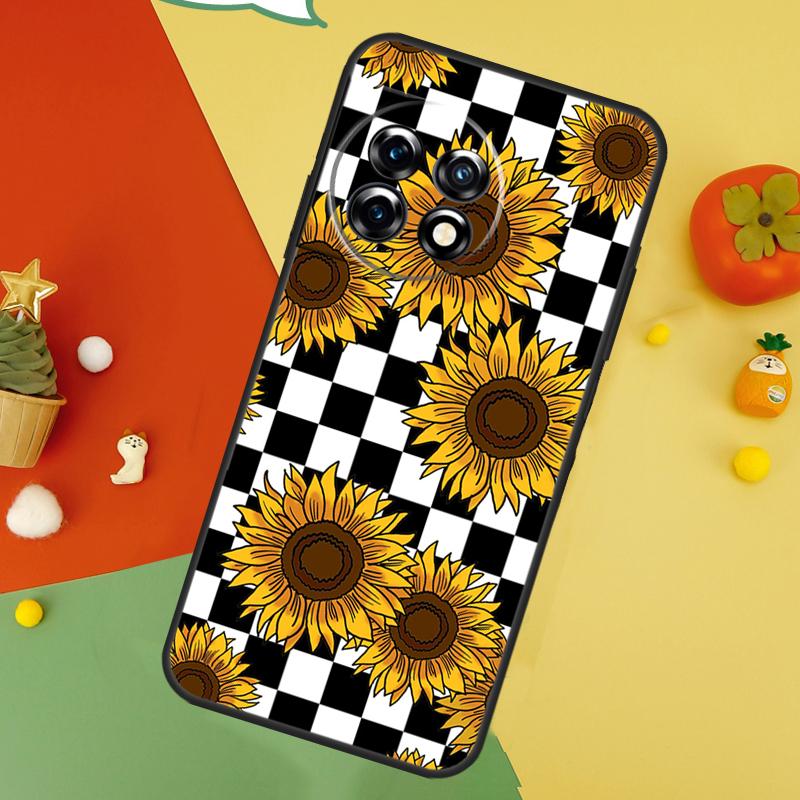 Checkerboard Sunflower Back Case For OnePlus 15 13R 13 13T 12 12R 11 10 10T 8T Nord CE 5 2 3 4 Lite N20 N30 Cover
