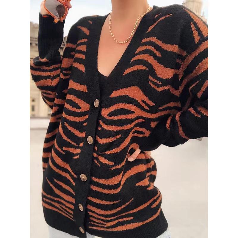 DAFIFY Women's Fashion Casual Fall Winter Zebra Print Long Sleeve V-Neck Sweaters