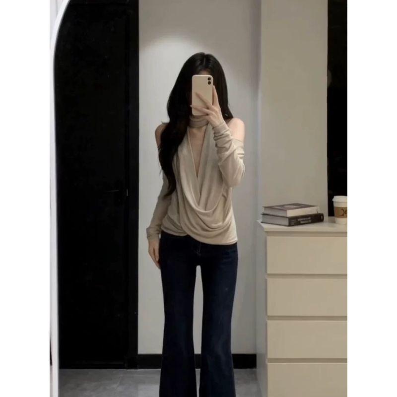 Women s Chic Fake Two-Piece Halter One-Shoulder Long-Sleeved T-Shirt XL