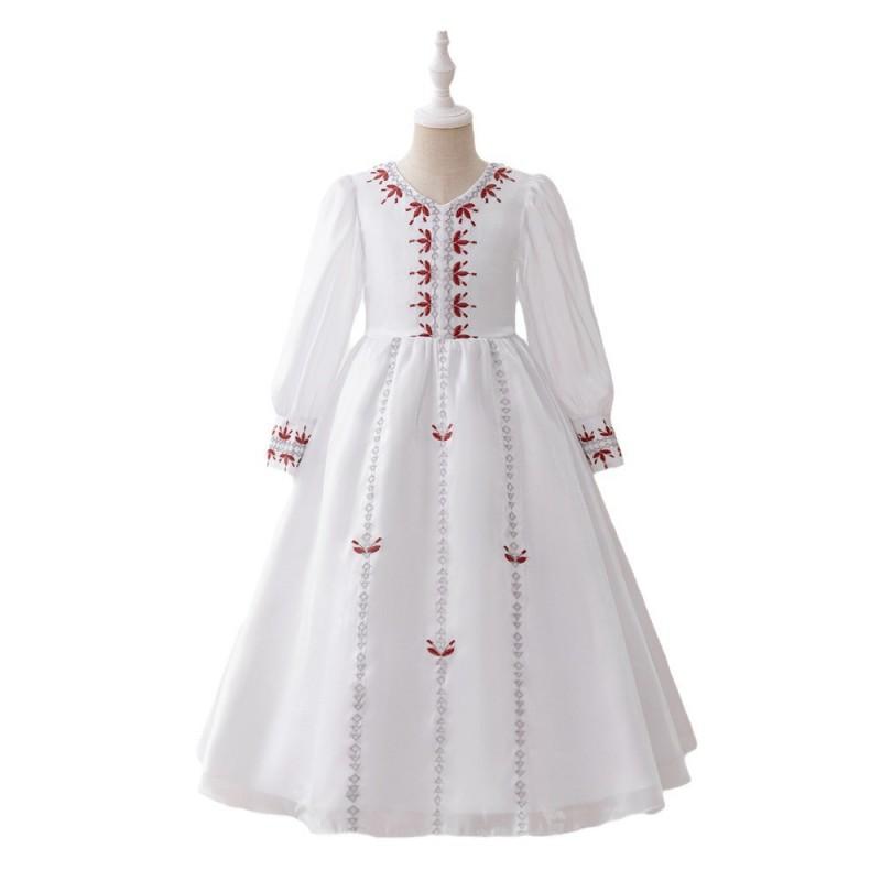 Girls White Tulle Party Dress Long Puff Sleeve Formal Gown Kids 4-8 Years