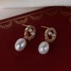 Natural Freshwater Pearl Stud Earrings with Zircon Inlay and Copper Gold-Plated 925 Silver Needle