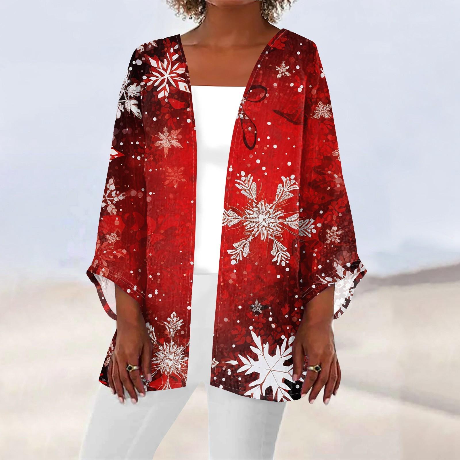 

Женская повседневная мода с рождественским принтом легкая куртка средней длины кардиган XXL винный