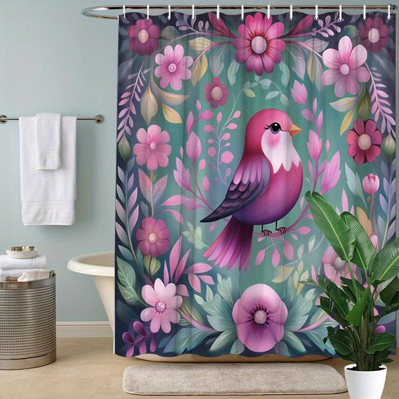 Vibrant Pink Bird & Floral Shower Curtain - Nature-Inspired Art, Polyester, 12 Hooks, 70.8x70.8 Inches, Modern Bathroom Decor