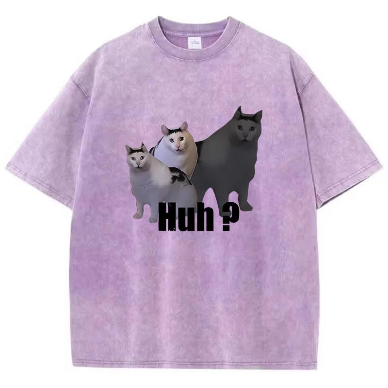 T Shirt Vintage Washed Cotton T-Shirt Black Cat Saying Huh? Graphic Tee Casual Streetwear Spring Summer Fall