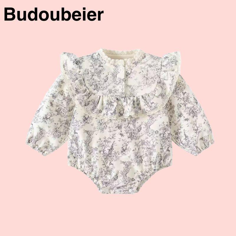 

British Baby Spring and Autumn Outfit for Girls, Korean-Style Floral Stylish Full-Month Hundred-Day Outing Romper Blue (Comes with a Hat) 80