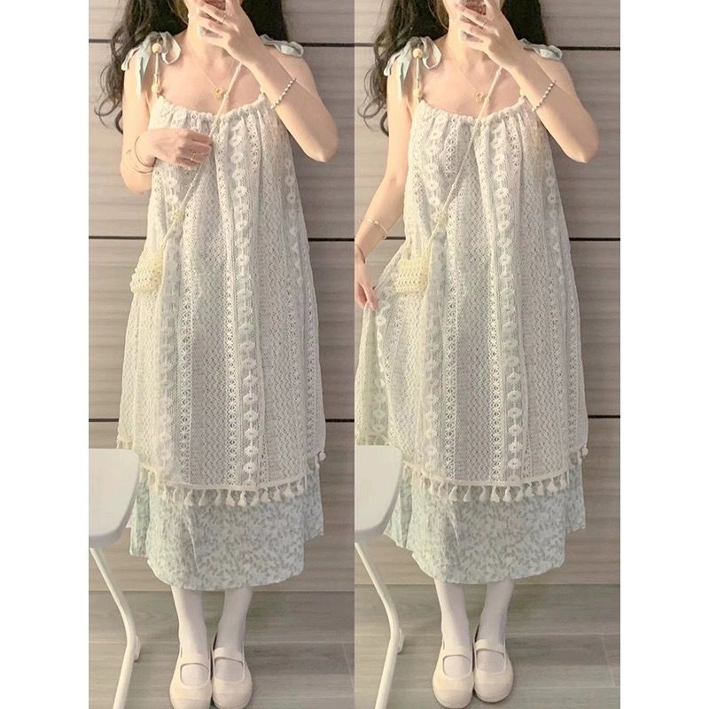 French Retro Fringed Splicing Sweet Dress Children's Summer New Thin Temperament Suspender Sleeveless Medium and Long Dress
