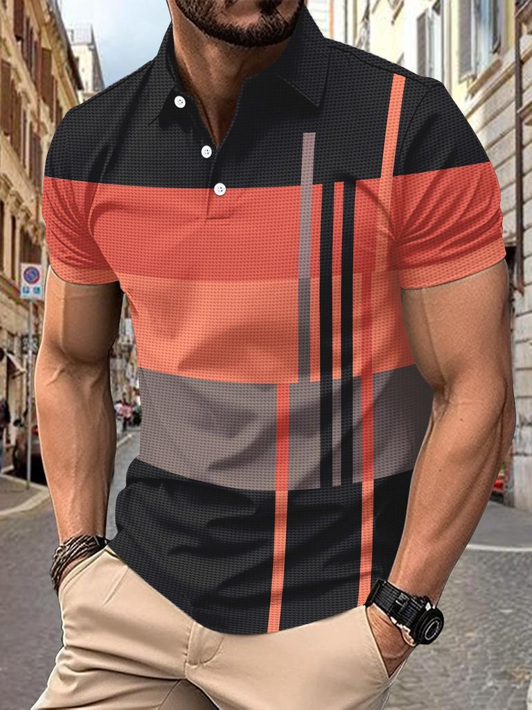 Trendy geometric short-sleeve polo shirt, casual stylish top for daily wear.