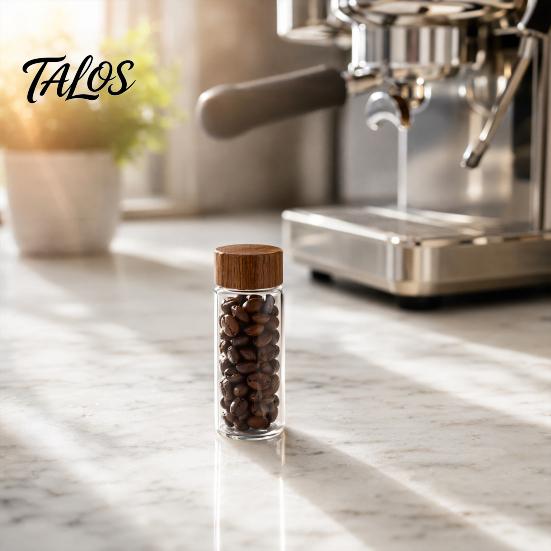 Talos Glass Mini Storage Jar, with Wood Lid, Moisture Proof Portable Small Container, for Coffee Beans Tea Sugar Spices Kitchen Organizer