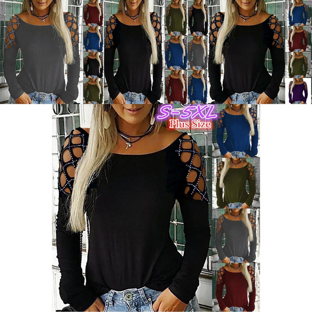 Cotton Long Sleeve T Shirt With Cutout Pattern And Sparkling Details For Women