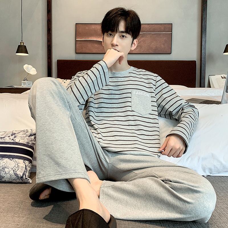 Men's Korean-Style Cotton Pajamas - Long Sleeve, Casual, Seasonal Homewear