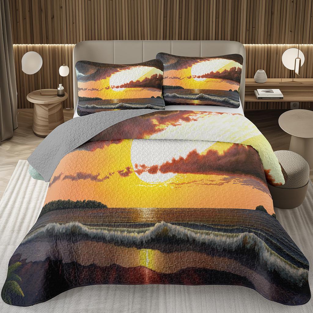 Sunset Scenery Bedspread Queen/Full Natural Landscape Quilted Coverlet 2/3Pcs Reversible Grey Bedding Set for Boy Girl Room Dorm