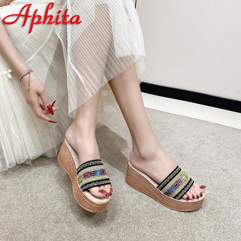 Fashion Aphixta New Embroiber Stripted 7cm High Wedge Heels Platform Slides Women Retro Plus Size 43 Slippers Outdoor Sexy Beach Shoes