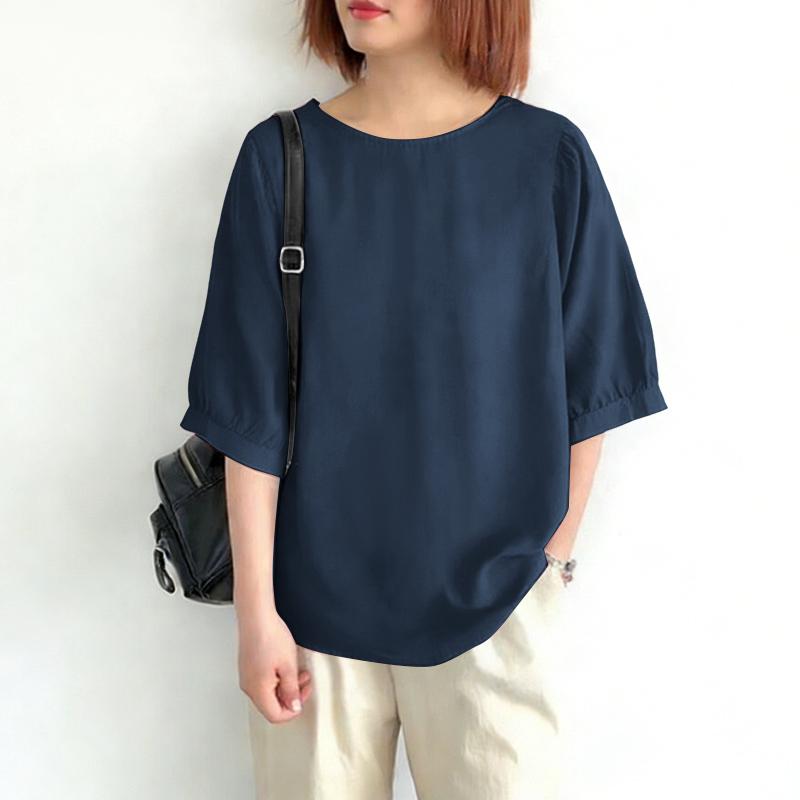 ZANZEA Women Casual Crew Neck Solid Color Loose Half Sleeve Blouse