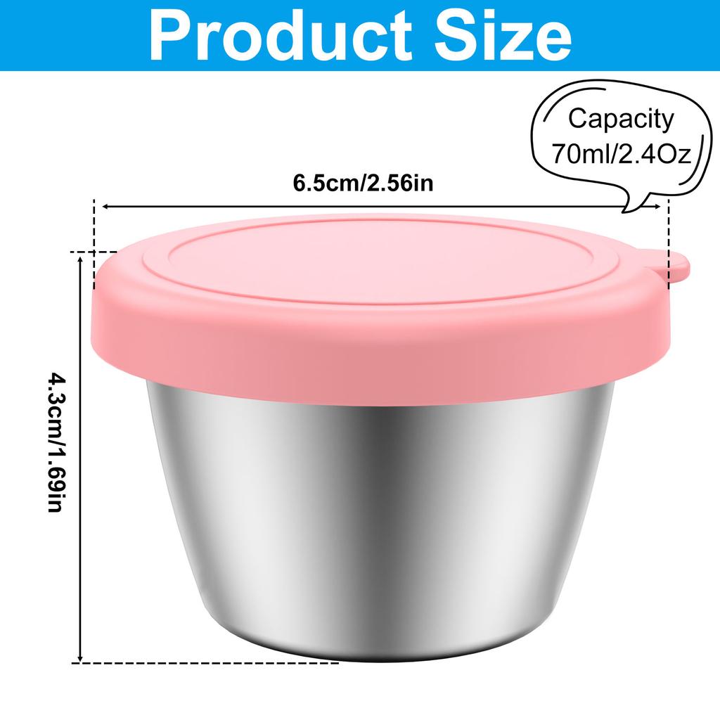 70ML 6Pcs Salad Dressing Container Set Portable Stainless Steel Small Condiment Containers with Silicone Lids Leakproof Dipping