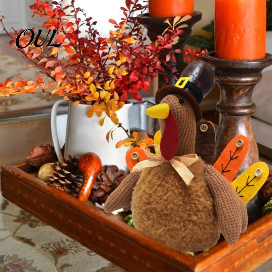 Plush Turkey Toy for Thanksgiving, Harvest Festival Fall Stuffed Decorative with Pilgrim Hat, Plushie Table Centerpiece Decoration Decor