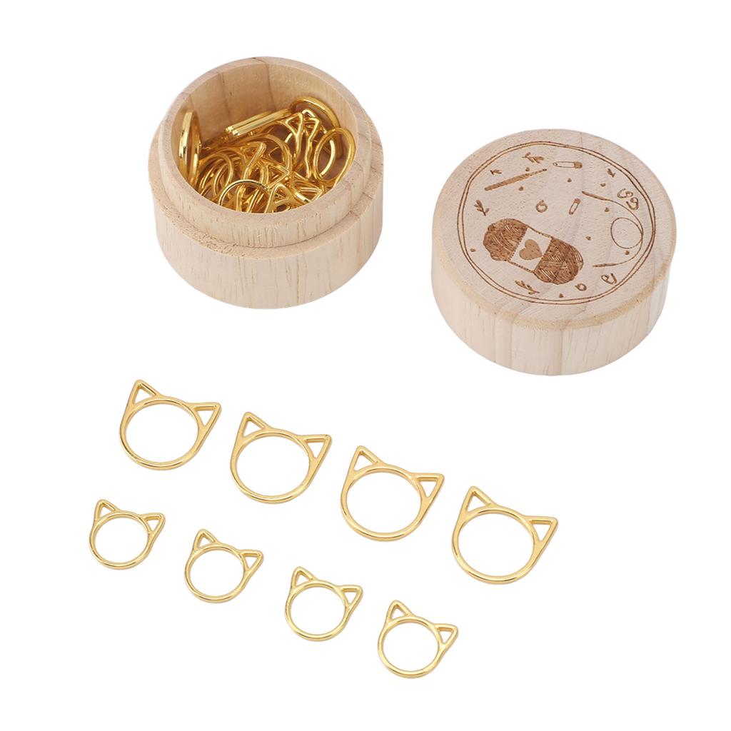 30pcs Stitch Marker Rings Cute Cat Head Shape Crochet Stitch Marker with Wooden Storage Box for