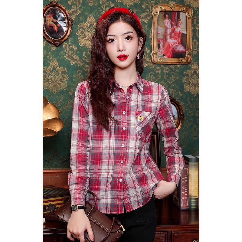 Women's long-sleeve plaid shirt 2026 new Korean style fashion design slim casual top