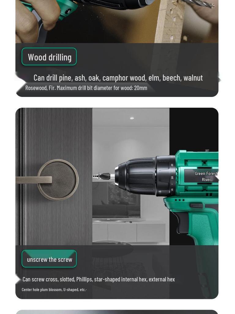 Green Forest 16.8V Brushless Electric Drill: Multi-Function Lithium Pistol Power Tool with Charging Impact and Screwdriver Function.