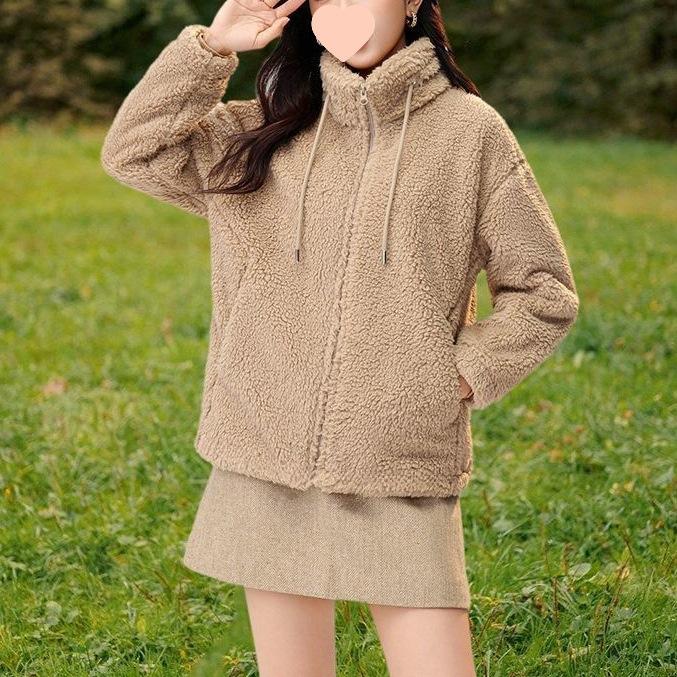 Short coral fleece jacket women's new casual versatile solid color stand-up collar trendy clothes