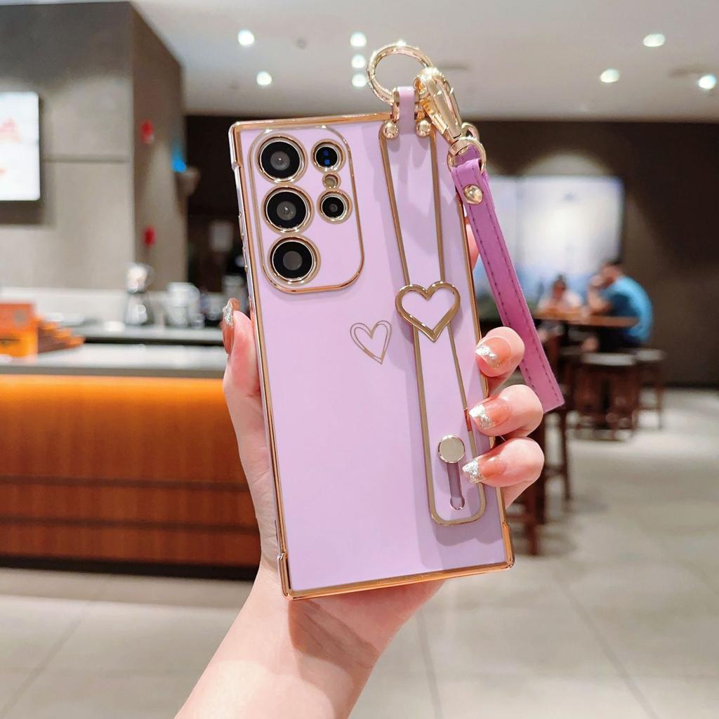 Geeignet für Samsung S25 Ultra Handyhülle S24FE Handschlaufe Halterung Lanyard A56 Galvanisierte Liebes-Schutzhülle