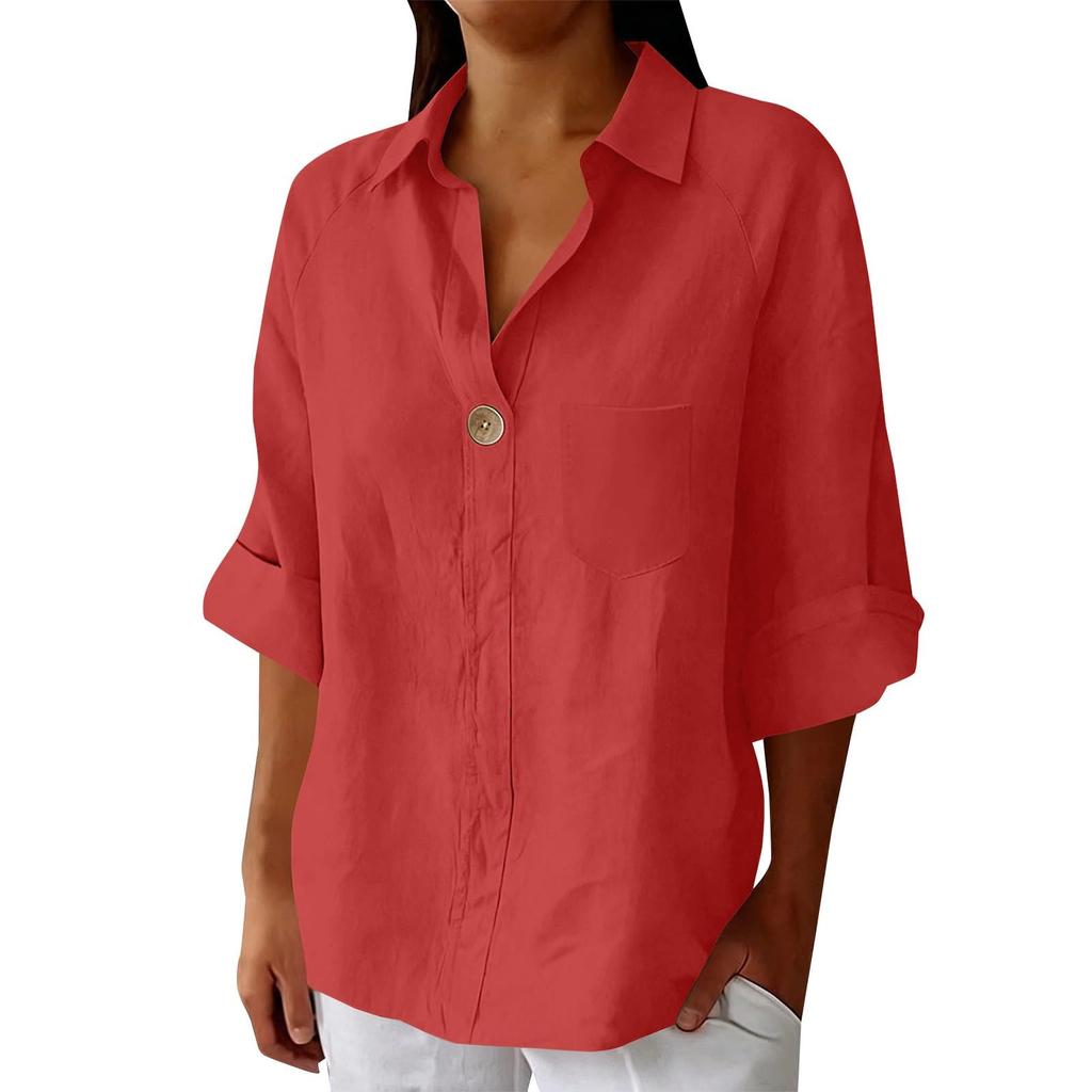 Women's Summer Casual Loose-Fit -Color Top With Collar, V-Neck, And 3/4 Sleeves