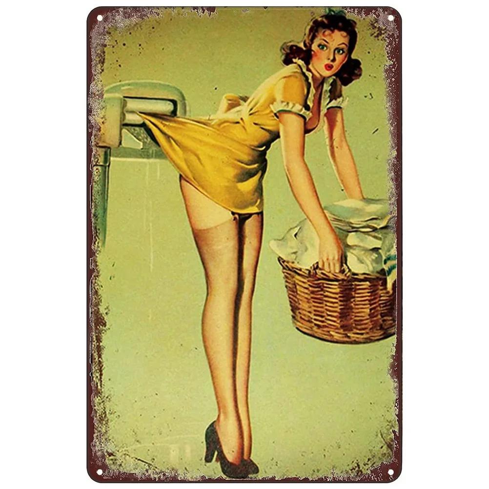 Vintage Metal Signs Pinup Girls Wall Decor for Bathroom Laundry Man Cave Home Bars Garage Cafe Clubs Retro Posters Plaque