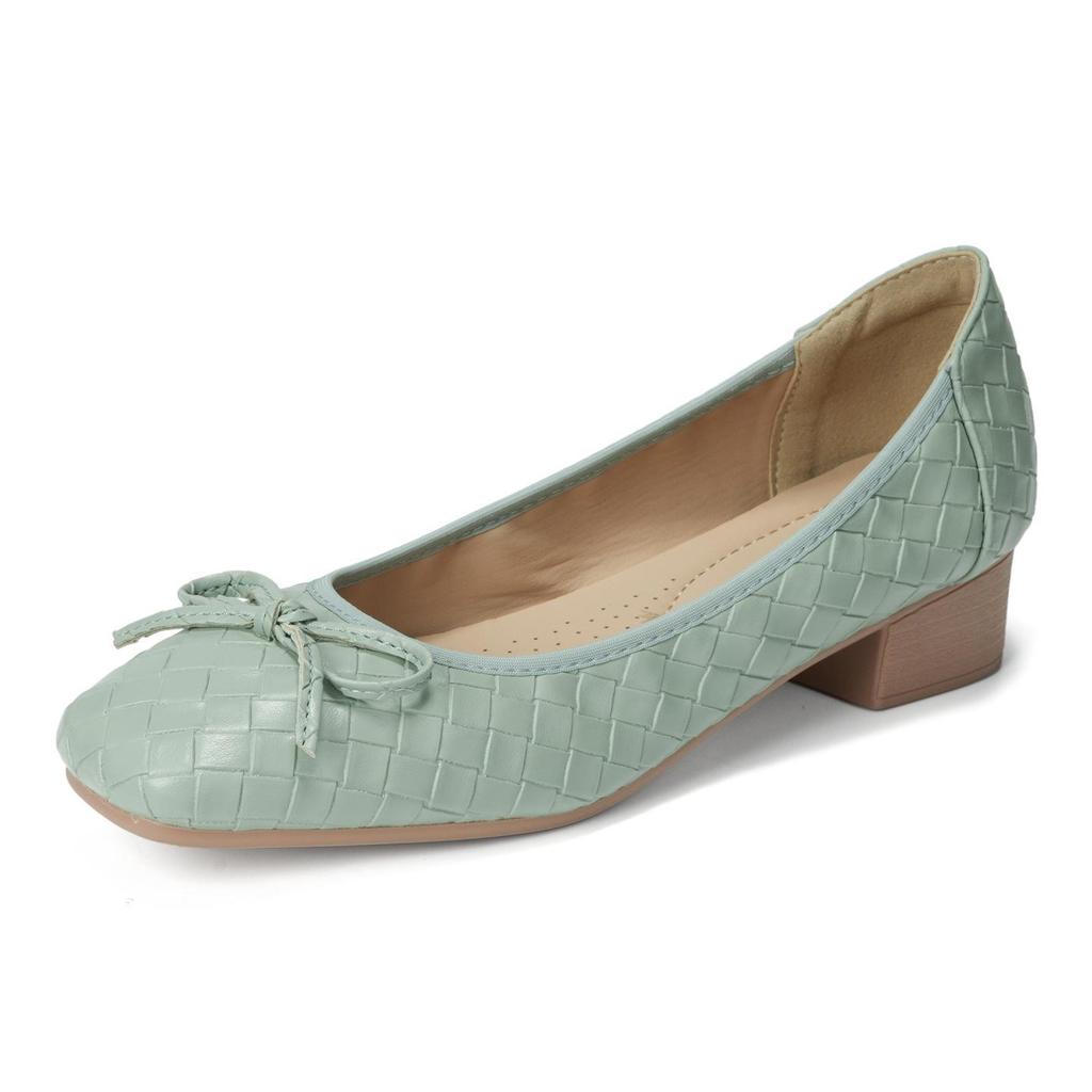 Women's Woven Bowknot Low Heels - Comfortable Square Toe Flats for Spring/Autumn