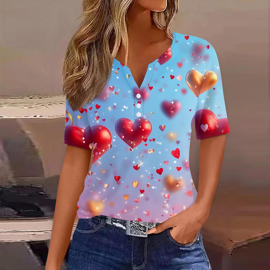 Damen T-Shirt mit Aufdruck zum Valentinstag, Knopfleiste, kurzärmelig, Tunika, für den Alltag, Wochenende, Basic, V-Ausschnitt, normales Oberteil