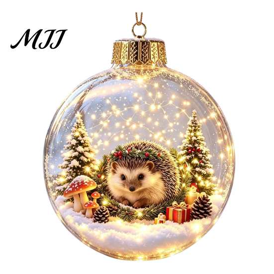 Glowing Christmas Tree Ornaments 3D Animal Faux Crystal Ball Ornament, Lighted Acrylic Hanging Decor Decorative Balls with Hedgehog Penguin Panda,