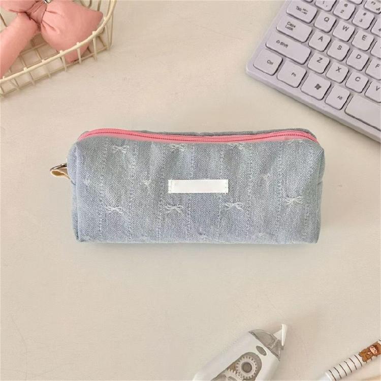 Jeans Fabric Pen Case Large Bowknot Pencil Bag Spacious Compartment Travel Makeup Bag for Student Women Travel Essential