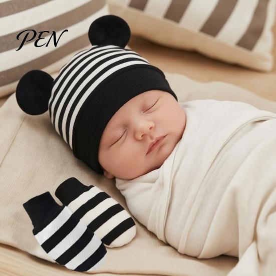 Minimalist Baby Outfit Newborn Hat Gloves And Booties Set, Cotton Infant Bear Ears Anti Scratch Care Gift Set Mittens & Foot Protectors for