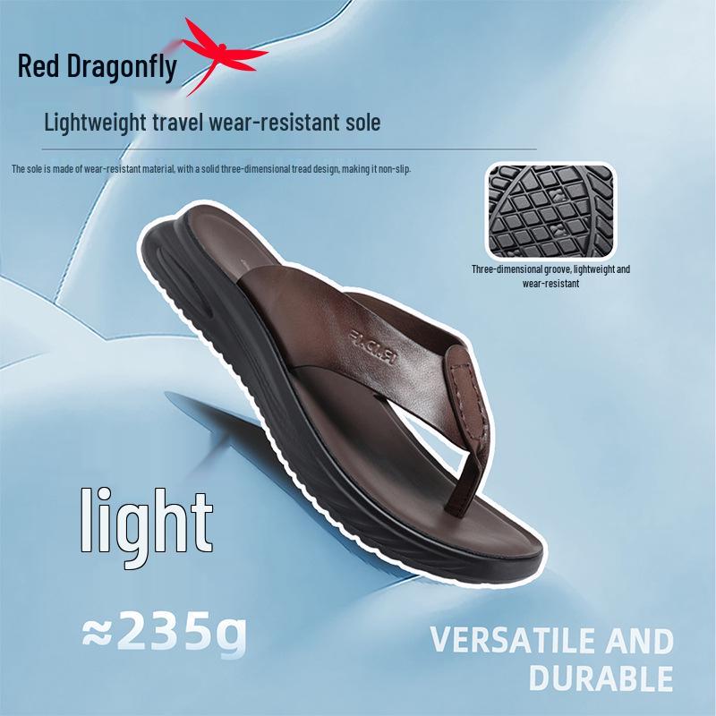 Red Dragonfly Men s Leather Flip-Flops: Summer Non-Slip, Wear-Resistant Outdoor Toe-Post Sandals 39