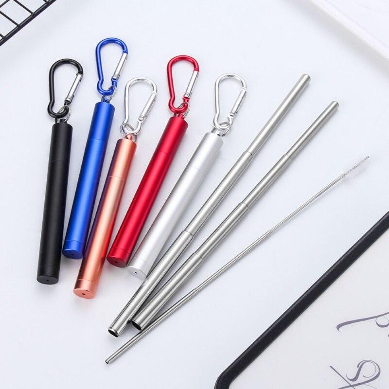 Stainless Steel Telescopic Straw Color Three-Section With Aluminum Alloy Storage Tube Sleeve Blue