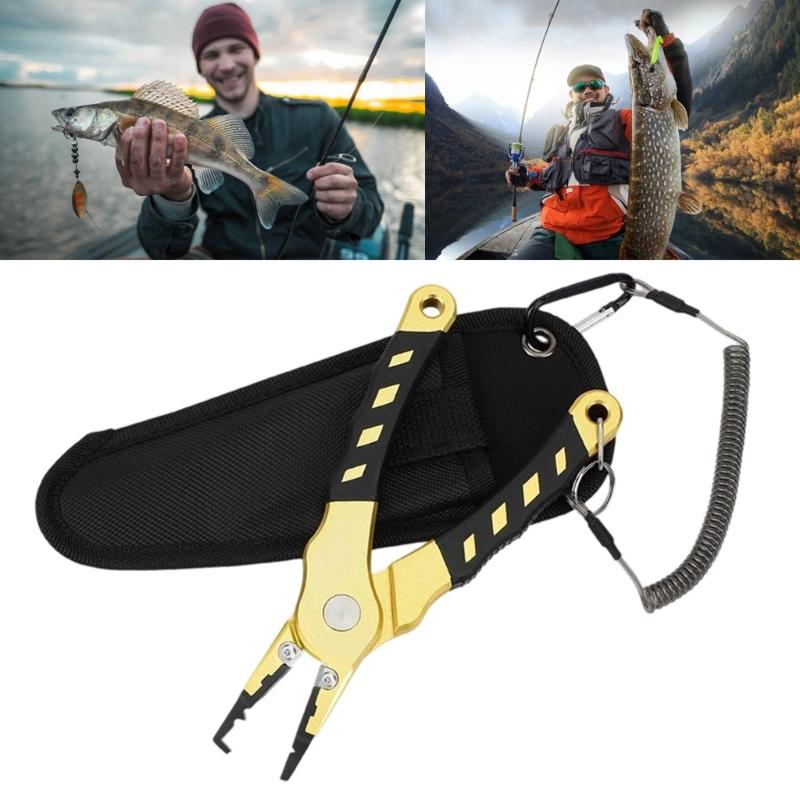 Fishing Plier Fishing Multitool Pliers Multifunction Braided Fishing Line Cutter Rings Opener with Sheath Coiled Lanyard