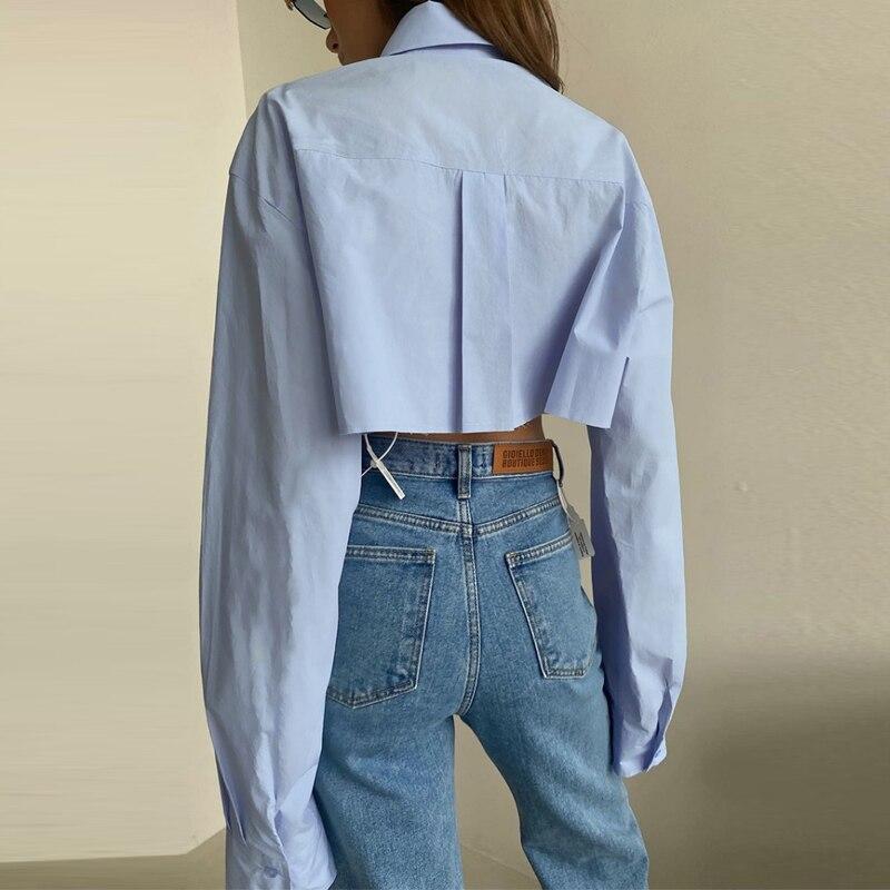 Vit Skjorta Dam 2023 Höst Mode Asymmetrisk Sömnad Ficka Korta Toppar Sexig Exponerad Navel Blus Vardagskläder 28626