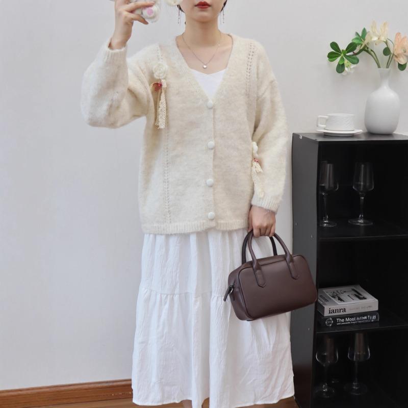 Gentle Wind Knitted Cardigan Autumn and Winter New Design Bow Flower Loose Sweater Jacket Women