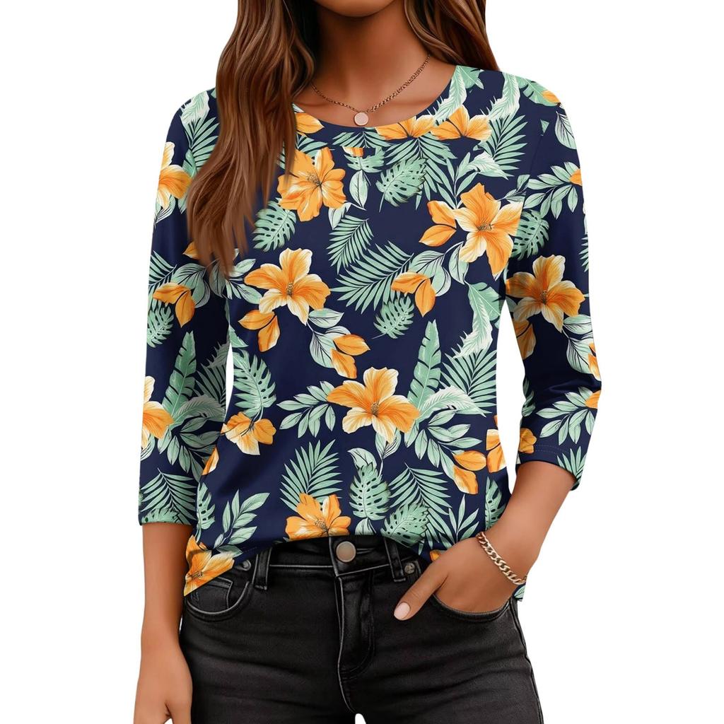 Koszule z rękawami 3/4 dla kobiet Śliczne nadruki Koszulki z nadrukami Bluzki Casual Plus Size Podstawowe topy Pulower