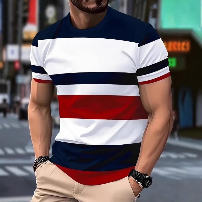 Summer Men's Fashion 3D T Shirt Splicing Printed Colorblocking Casual Slim Short Sleeve Outdoor Sports Running Fitness Top