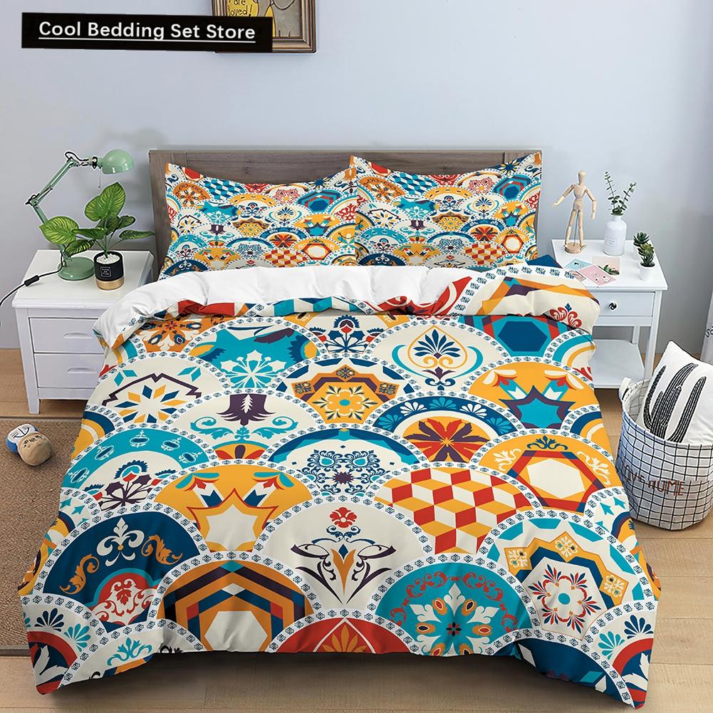 Geometric Mandala King Queen Duvet Cover Boho Ethnic Style Bedding Set for Teens Adults Mediterranean Soft Polyester Quilt Cover