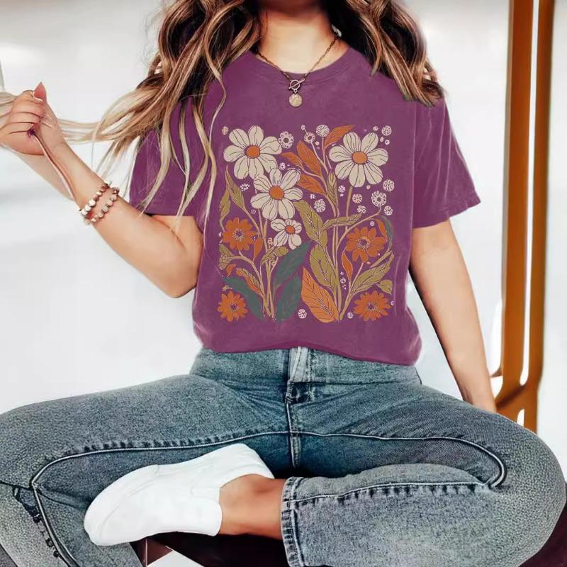 

Женская повседневная и модная футболка с растительным и цветочным узором, круглым вырезом и короткими рукавами XL темно-красного