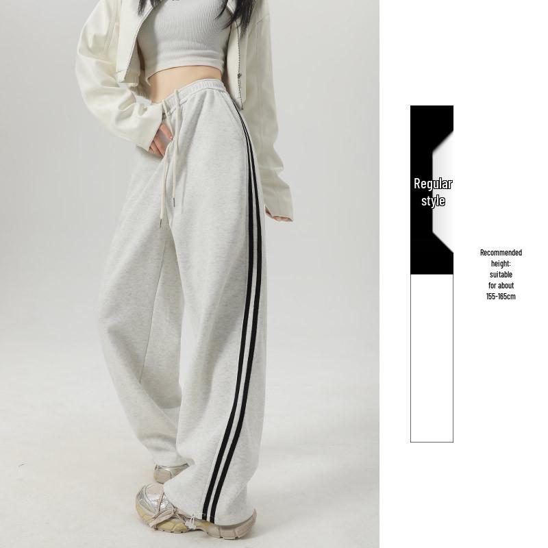 Women's American-Style Sweatpants with Side Stripe - High Waist, Slimming, Wide Leg - Spring/Autumn 2024