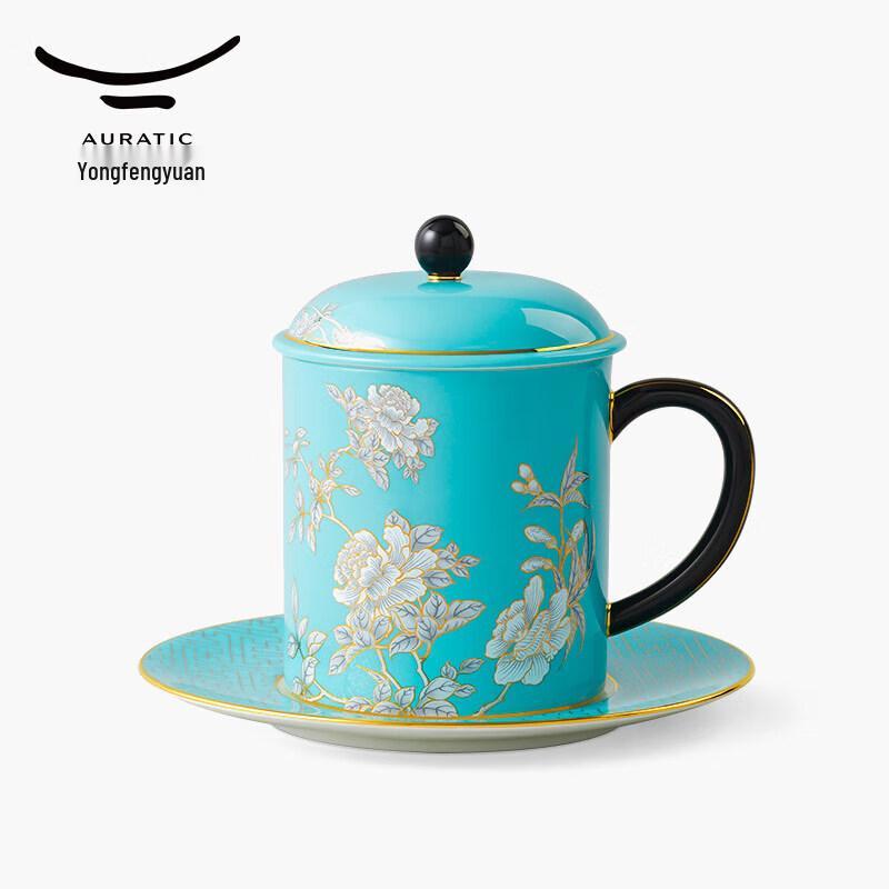 Yongfengyuan Ink Peony Ceramic Tea Cup with Lid (3-Piece Set)
