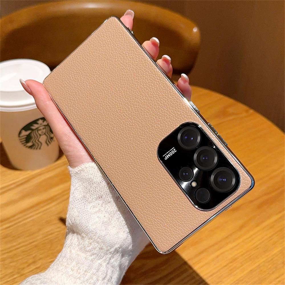 

For Samsung Galaxy S25 Ultra Case Electroplating Edge Litchi Texture Leather+PC Phone Cover Dark Coffee