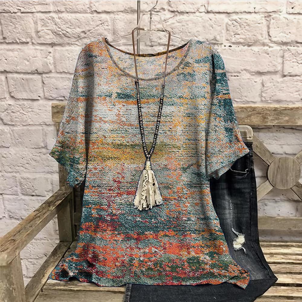 Plus Size Retro Color Blocked 3D Printed Summer Casual Round Neck Short Sleeved Loose Slimming Loose T-shirt