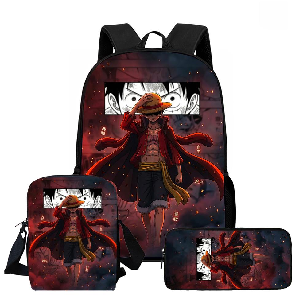 One Piece 15 Inch 3-In-1 Anime Lightweight School Backpack Set With Crossbody Bag Pencil Case For Boys Girls Grade 1-3 Mochila