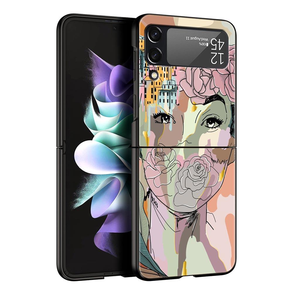 Paris Art Blue Butterfly Girl Flower Phone Case for Samsung Galaxy Z Flip 3 4 5 Black Folding Mobile Shell Hard Protect Cover